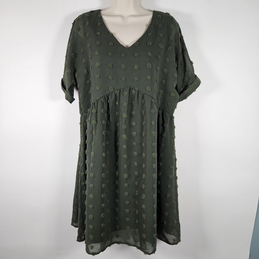 Kirundo Women’s Army Green Dress Size M V Neck Swiss Dot Ruffles NWT